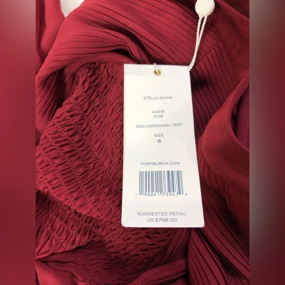 NWT $798 Tory Burch Stella Gown Red Burgundy Boho Pleated Chiffon Maxi Dress